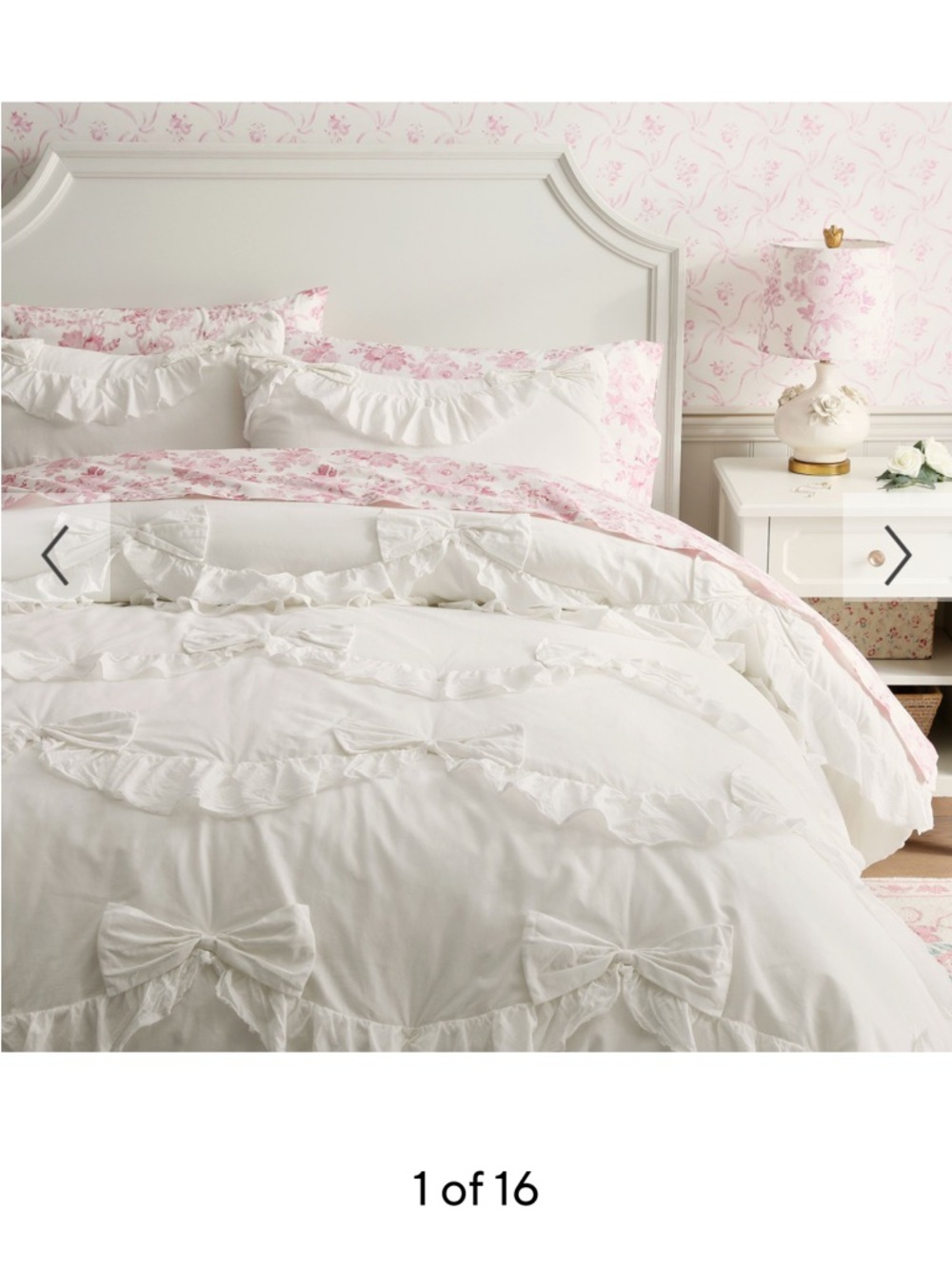 LoveShackFancy White Comforter with Pink Floral Accents and Ruffle Bows